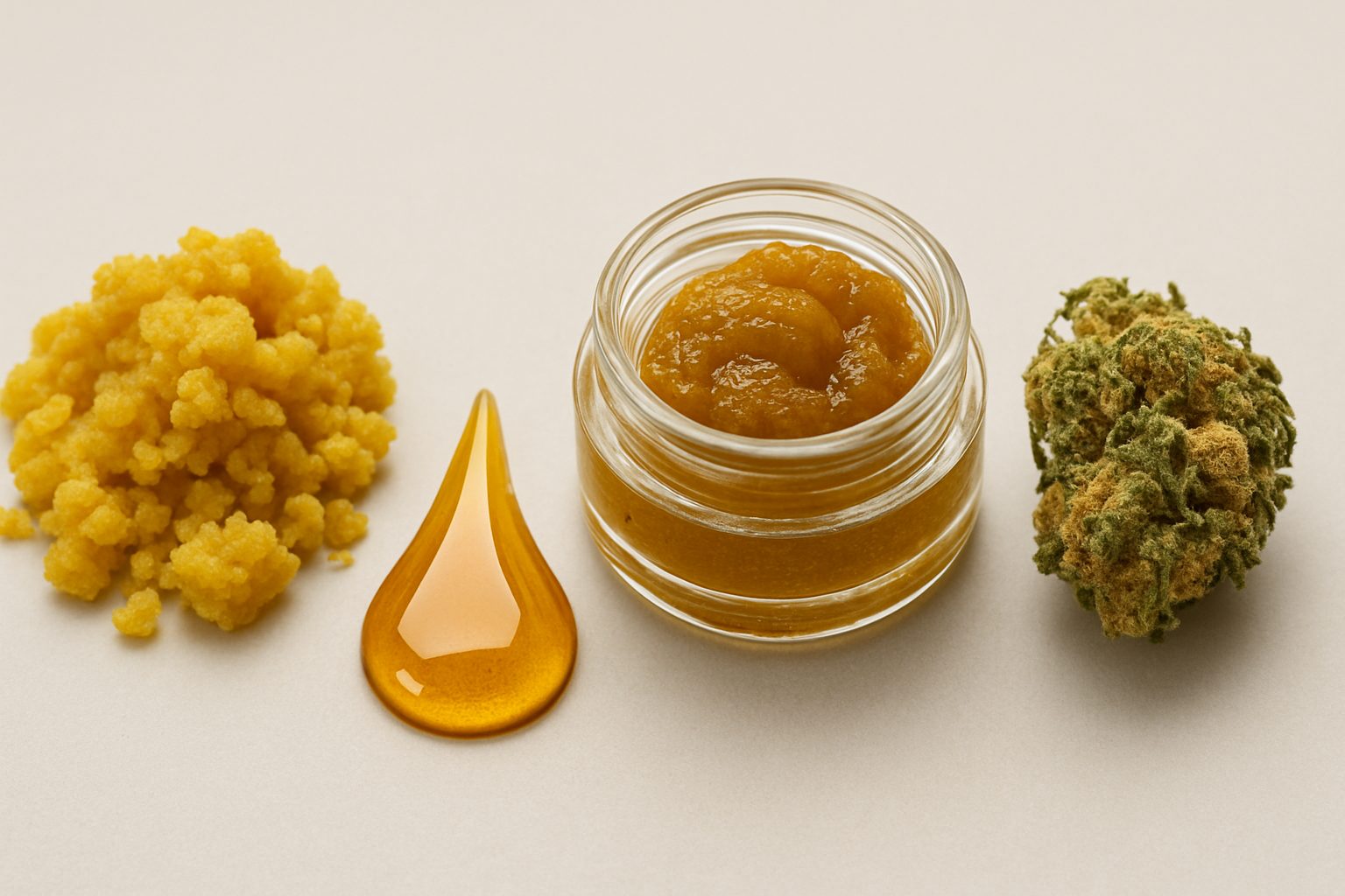 various cannabis concentrates including a jar of extract, a pile of crumble, and a flower bud on a neutral background
