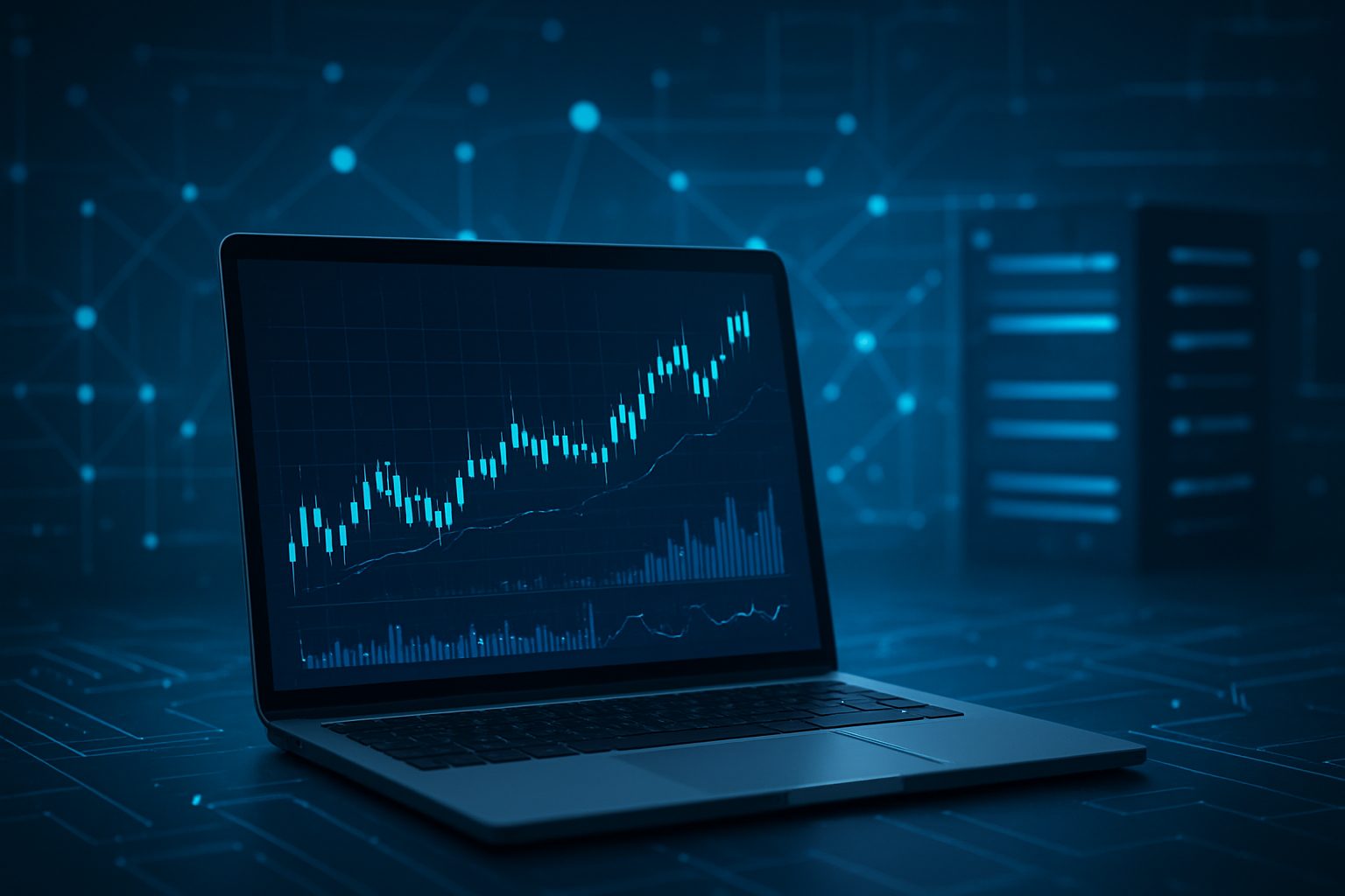 A laptop displaying a trading graph against a digital background.