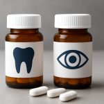 Two medicine bottles, one labeled with a tooth symbol and the other with an eye symbol, with white pills in front.