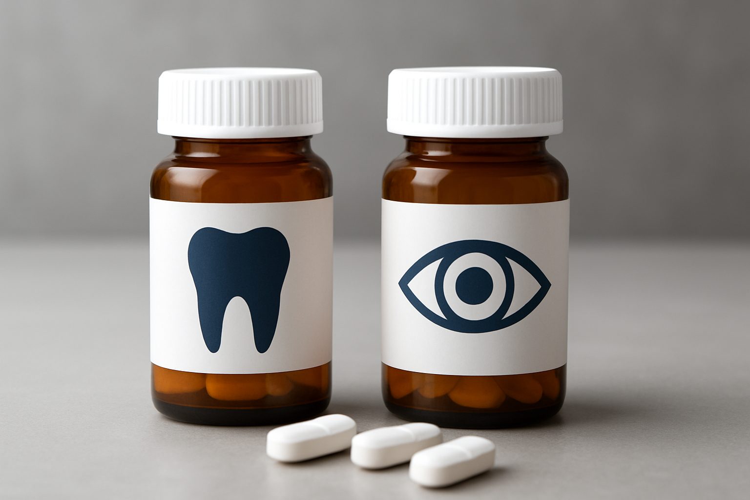 Two medicine bottles, one labeled with a tooth symbol and the other with an eye symbol, with white pills in front.