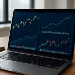 A laptop displaying multiple financial market charts with a small plant and cash in the background.
